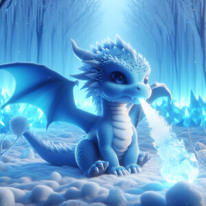 Blue  color Cute little Dragon in a magical ice forest, with a w...