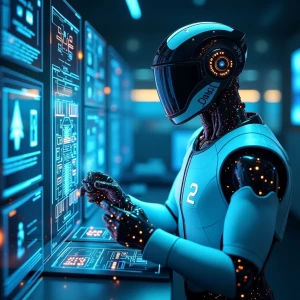 A futuristic and visually striking digital artwork with "Flux Dev" text. A cutting-edge robotic engineer working on an advanced AI android in a futuristic lab, surrounded by holographic blueprints and glowing circuit panels.