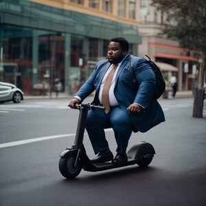 Overweight black man commuting to the office on an electric scoo...