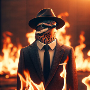 Bird in business suit and hat stay in flame