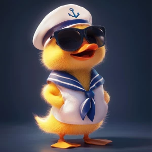 Create a Pixar-style cute cartoon image of an excited yellow duc...