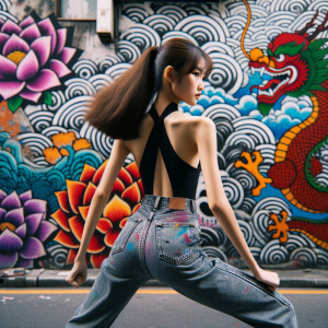 Attractive, Asian teenage girl, long brown hair and bangs, wearing tight skinny jeans and a halter top paint marks on her clothing, backside view heroic pose Asian graffiti