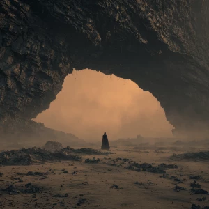Photorealistic cinematic scene of a lone figure standing beneath...