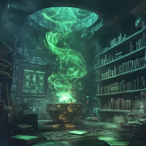 The interior of an alien witch’s lair in 2.5D style, with floati...