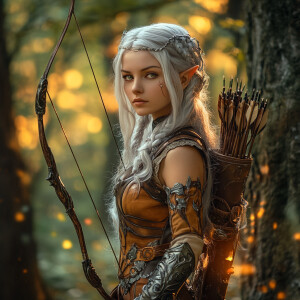 A young elven woman with flowing silver hair, dressed in intrica...