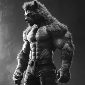 Create an image of a muscular lycanthrope with thick fur, in a n...