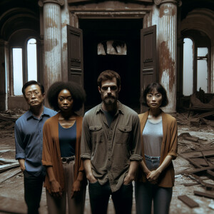 2 guys and 2 girls are standing in an abandoned mansion. There's...