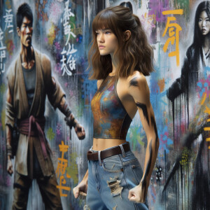 Very thin Athletic Thin skinny Attractive, Asian teenage girl, long brown hair and bangs, wearing tight skinny jeans and a halter top paint marks on her clothing, sitting side view heroic pose Asian graffiti