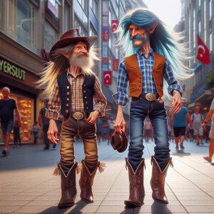 two whimsical male characters, both have small bodies but very l...