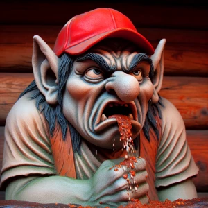 Create an videoof a troll wearing a red baseball cap, captured m...