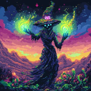 Create a 16-bit style image of an alien witch on an extraterrest...
