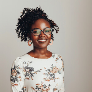 A cute woman

Smiling 

Clothes: White Floral Dress

Looks Clean...