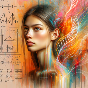 Abstract, minimalist, painting, with pencil line, paint stroke, gestures, colorful marks, mathematical equations, electrical cardiogram, printouts complex math formulas, dna asian teen girl