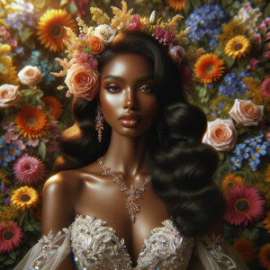 Visualize a stunning bride with a rich blend of african-American Latino heritage, her skin glowing with a soft, warm hue. Her elegant gown, a masterpiece of design, is intricately adorned with sparkling jewels that catch the light with every movement, creating a mesmerizing effect. Her long, wavy dark hair frames her face beautifully, enhancing her radiant beauty. Behind her, the backdrop is alive with an explosion of colorful flowers, each petal and leaf adding vibrancy to the scene. Amidst this floral abundance, the serene face of a brown Jesus is subtly integrated into the background, bestowing a sense of divine grace and tranquility to the composition. This image captures a moment of exquisite beauty, spiritual depth, and the celebration of love. Face of a African-American Jesus Christ should be in the background.