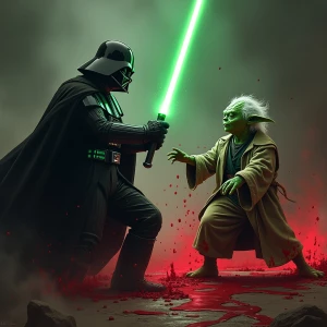 Create a dark fantasy movie poster showcasing Yoda in a fierce d...