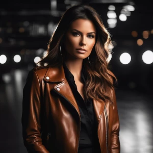 A stylish woman in a leather jacket, her face illuminated by a single, strong light source from the side, casting bold shadows