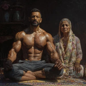 Hyperrealism,sharp painting,A man muscular beefy sweaty doinga y...