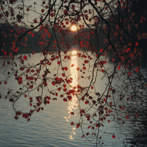 A full moon is seen through the branches of a tree over a body o...