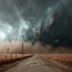 Harsh winds blow, dust clouds rise, and a storm approaches