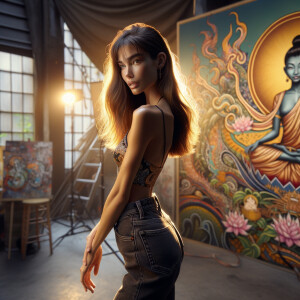 Athletic Thin skinny Attractive, Asian teenage girl, long brown hair and bangs, wearing tight skinny jeans and a halter top paint marks on her clothing, heroic pose Asian graffiti background, backside view