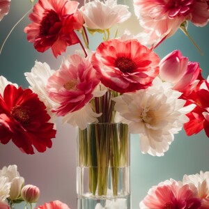 Create an image of a bouquet featuring red, white, and pink flow...