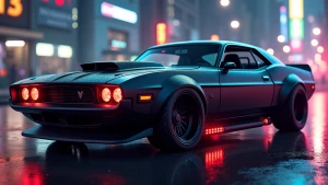 Futuristic cyberpunk muscle car with hood scoop, neon lights, ma...