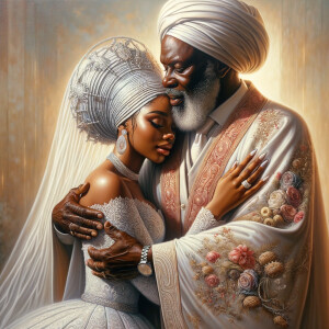 Imagine a hyper-realistic oil painting that captures a tender moment between theAfrican American bride and her God. The setting is intimate and filled with soft, warm lighting that enhances the emotional depth of the scene. The bride, in herexquisite wedding gown, shares a heartfelt embrace with her african-American Lord Jesus , who is dressedin an elegant outfit that complements the wedding's color scheme. Their expressions are full of love, pride, and joy, reflecting the special bond between them. Theattention to detail is paramount, from the intricate designs of their dresses to the subtle emotions conveyed in their facial expressions. The background is a blur ofgentle pastel hues, ensuring that the focus remains on this touching moment. Thispainting should convey the warmth, love, and depth of the relationship, with the rich textures and vibrant strokes characteristic of oil paintings, capturing the essence of this significant pre-wedding moment.