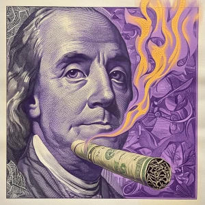 Hundred dollar bill w tobacco rolled and a flame blowing 100 %....
