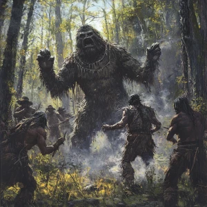 A group American choctaw chase several towering, hair-covered hu...