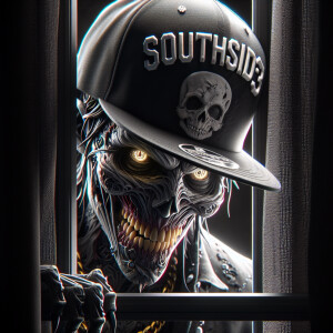 An intricately detailed Freddy Krueger, half face skull, wearing...