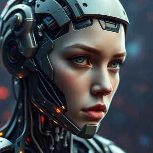 a portrait of a cybernetic android with a partial human face. Hy...