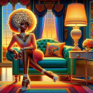 Airbrush style: A luxurious living room with a colorful sofa nig...