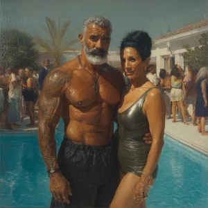 Hyperrealism,sharp painting ,a muscular beefy tattoed indian swe...