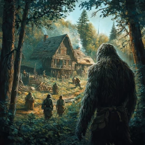 A humanoid Sasquatch covered in thick hair, peering from behind...