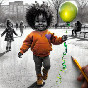 A brown-skinned African American toddler girl with big curly red...