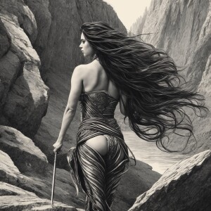 “A highly detailed black-and-white sketch of a woman with long,...