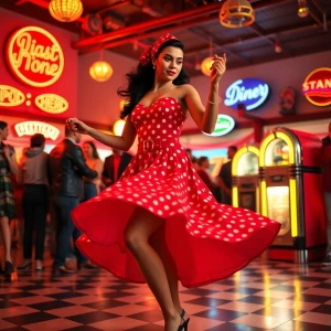 “A vibrant mid-century dance hall scene captured with a Canon EOS R5 and a 50mm f/1.2 lens. the image is focused on Dahlia Valentina fit tall supple well endowed tanned Italian American model (DahliaValentina_ai) stands in the center of a 1950s rockabilly dance, spinning in a bright red polka-dot dress with a fitted bodice and a flared skirt that lifts as she twirls. Her long wavy black hair is tied up with a matching headscarf, and she wears classic cat-eye eyeliner with a bold red lip. She dances with a charming partner dressed in a leather jacket and cuffed jeans, both caught mid-motion in a lively jitterbug step. The neon signs glow behind them, casting warm reflections on the checkered dance floor. The energy of the crowd, jukebox music, and the flickering of retro diner lights add to the nostalgic atmosphere. The composition follows dynamic angles, emphasizing movement and vintage allure.”