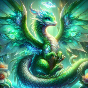 A whimsically shimmering emerald dragon-like creature, its every...