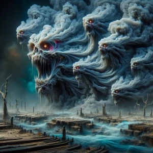 "Illustrate an eerie, sinister Dragon emerging from a swirling mass of toxic fumes. The Dragon's form is barely solid, its features constantly shifting and reforming within the dense, suffocating smoke. Its face, distorted and grotesque, peers out from the fumes with hollow, empty eyes that glimmer with malevolent intent. The mouth, filled with jagged, smoke-formed teeth, stretches into a macabre grin that seems to float and twist in the toxic haze.

The rest of the Dragon's body is an ethereal blend of noxious gases, with appendages elongating and curling like tendrils of poisonous vapor. Around it, the environment is bleak and barren, with twisted remnants of dead vegetation and decrepit, rusted swords half-buried in the ground. The air is thick and acrid, giving off an unsettling, chemical glow that casts eerie shadows.

Stray tendrils of fume slither across the ground, reaching out like ghostly fingers toward any living thing that comes near. The overall color palette should be muted and dark, with sickly blues, crimson, and blacks dominating the scene, to enhance the toxic and foreboding atmosphere. 

This visual blend of smoke and sinister Dragon should elicit a sense of dread and unease, making it both fascinating and horrifying."