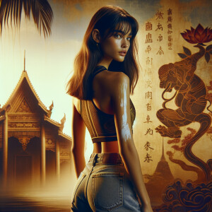 Athletic Thin skinny Attractive, Asian teenage girl, long brown hair and bangs, wearing tight skinny jeans and a halter top paint marks on her clothing, heroic pose Asian graffiti background, backside view