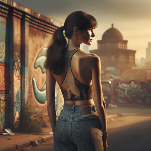 Athletic Thin skinny Attractive, Asian teenage girl, long brown hair and bangs, wearing tight skinny jeans and a halter top paint marks on her clothing, heroic pose Asian graffiti background, backside view