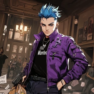 A character with spiky blue hair and a determined expression, we...