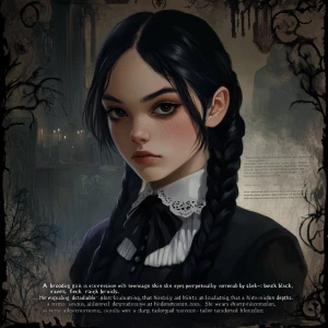 *"A brooding teenage girl with pale skin and piercing dark eyes,...