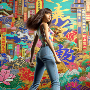 Athletic Thin skinny Attractive, Asian teenage girl, long brown hair and bangs, wearing tight skinny jeans and a halter top paint marks on her clothing, heroic pose Asian graffiti background, backside view