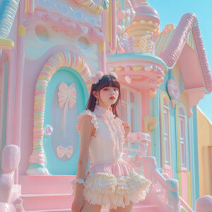 Depict a stylish young woman in trendy attire with a kawaii aest...