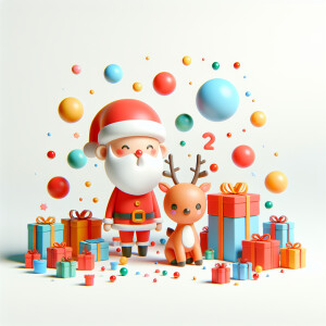 Small cute Santa, deer, colored vibrant, floating presents aroun...