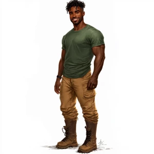 Generate an image of a medium-built man with dark skin and short...