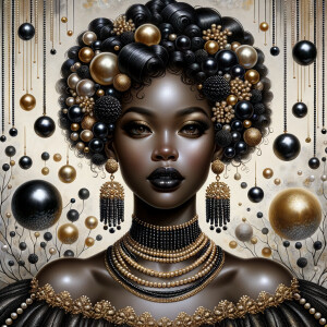 Imagine a digital portrait of a light skinned African-American Latino regal woman named KAREN Her attire and accessories are exclusively adorned with black and gold pearls. They grace her voluminous hair, styled in an elegant updo, where the black pearls form the roots and the gold pearls create the stunning curls. Her ears boast chandelier earrings, with black pearls clustered at the top, transitioning to gold pearls that dangle with delicate grace. Around her neck, a tiered necklace cascades with strands of alternating black and gold pearls, reflecting a sophisticated contrast.

Her shoulders are draped with a luxurious off-shoulder gown, the fabric's weave incorporating intricate patterns formed by black and gold pearls. The gown's texture has a subtle sheen, suggesting a high-quality material with a pearlescent finish. As a centerpiece, a grand brooch sits at her collar, with a large gold pearl surrounded by an elaborate design of smaller black pearls.

The background of the portrait features an abstract composition of floating pearls, swirling in a dance of shadows and light, emphasizing the color theme of black and gold. The name "KAREN" is discreetly integrated into the lower right corner of the artwork, blending seamlessly with the design, as if it were a signature part of the jewelry ensemble. The overall effect is one of timeless elegance, a blend of modern design and classic beauty, all tied together by the luxurious palette of black and gold.