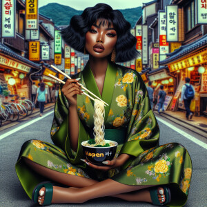 Street art: Korean scene landscape sitting with her legs crossed...