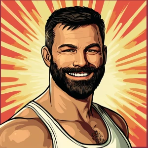 White muscular thin man with beard, big chin, smile and cheekbon...